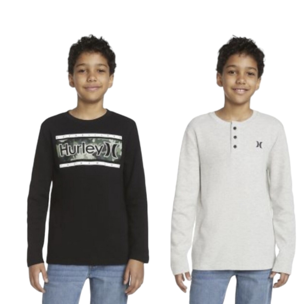 Hurley Boy's 2 Pack Black Camo & Gray Thermals Long Sleeve Size Large 14/16 NWT